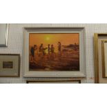 An unframed oil on board, beach scene,