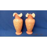 A pair of opaline hand blown vases, hand painted,