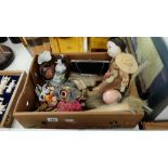 A qty of assorted Chinese dolls, fans, soap stone items etc.