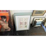 An Etching of Zero Mostel, bird pictures and Three framed prints,