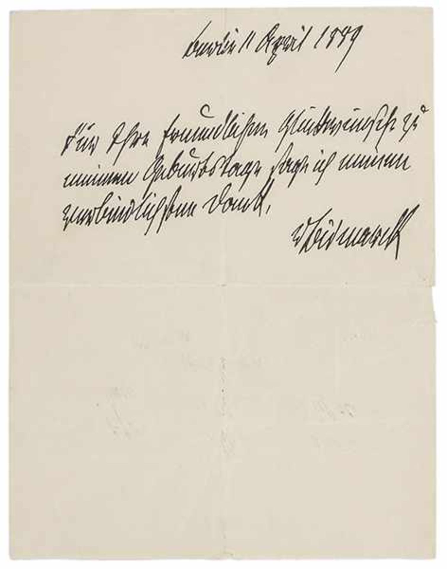Bismarck, Otto von. Eigenhändiger Brief. Deutsche Handschrift auf Papier. Signiert und datiert.