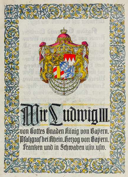 Ludwig III., König von Bayern. Freiherrendiplom. Handschrift auf vorgedrucktem und koloriertem - Image 2 of 3