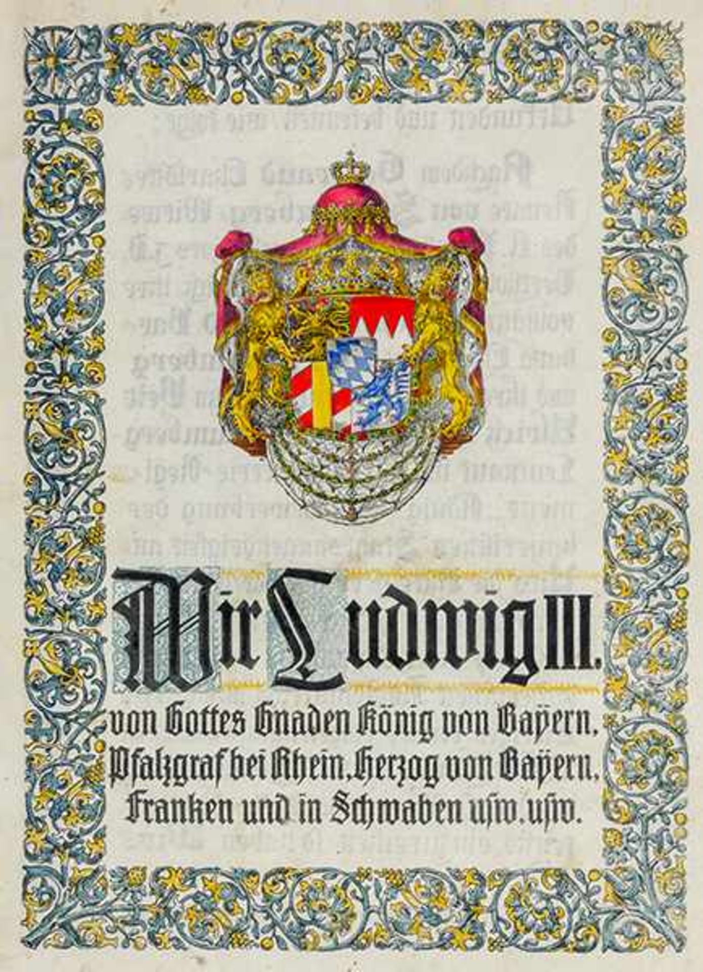 Ludwig III., König von Bayern. Freiherrendiplom. Handschrift auf vorgedrucktem und koloriertem - Bild 2 aus 3