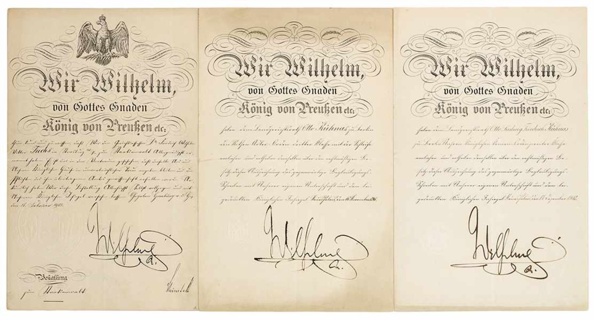 Wilhelm II., deutscher Kaiser und König von Preußen. 3 Urkunden mit Unterschrift. Berlin 16.01.1896,