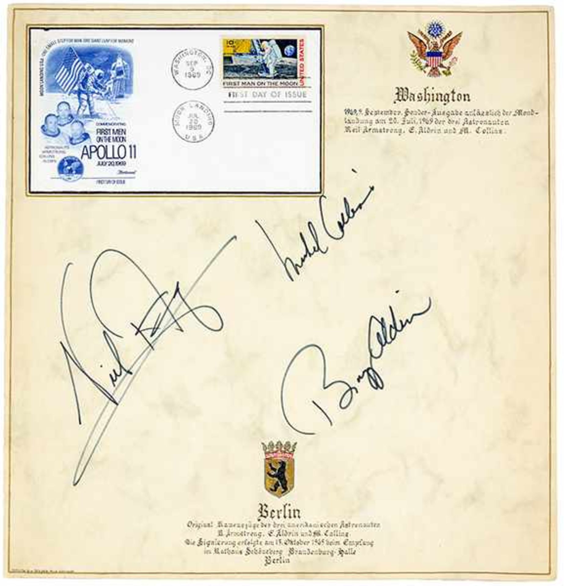 Apollo 11 - - Sammlung von Apollo 11 Memorabilia. Eigenhändige Unterschriften von Neil Armstrong,