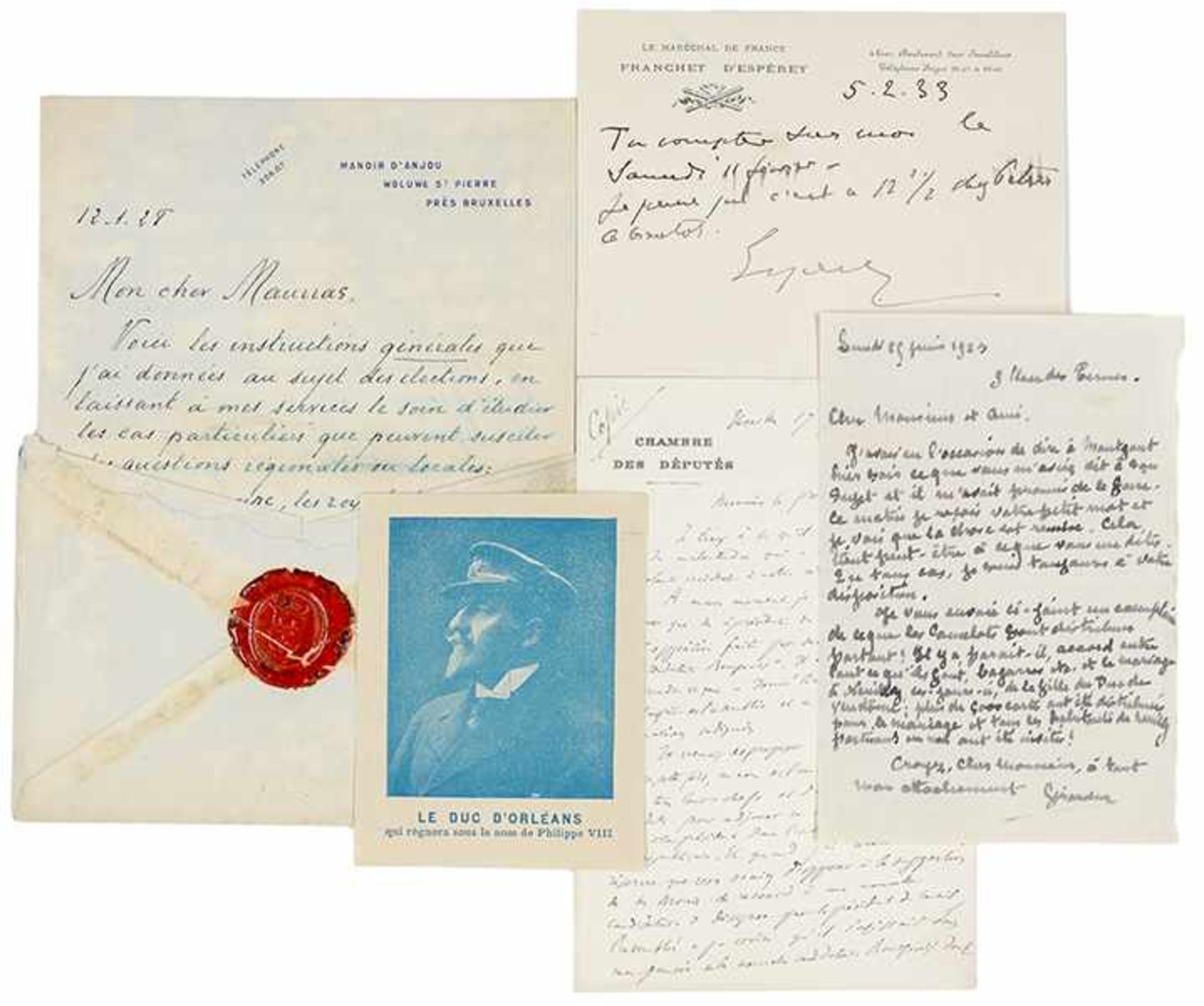 Sammlung von 4 französischen signierten Autographen zwischen 1913 und 1933. Handschriften auf