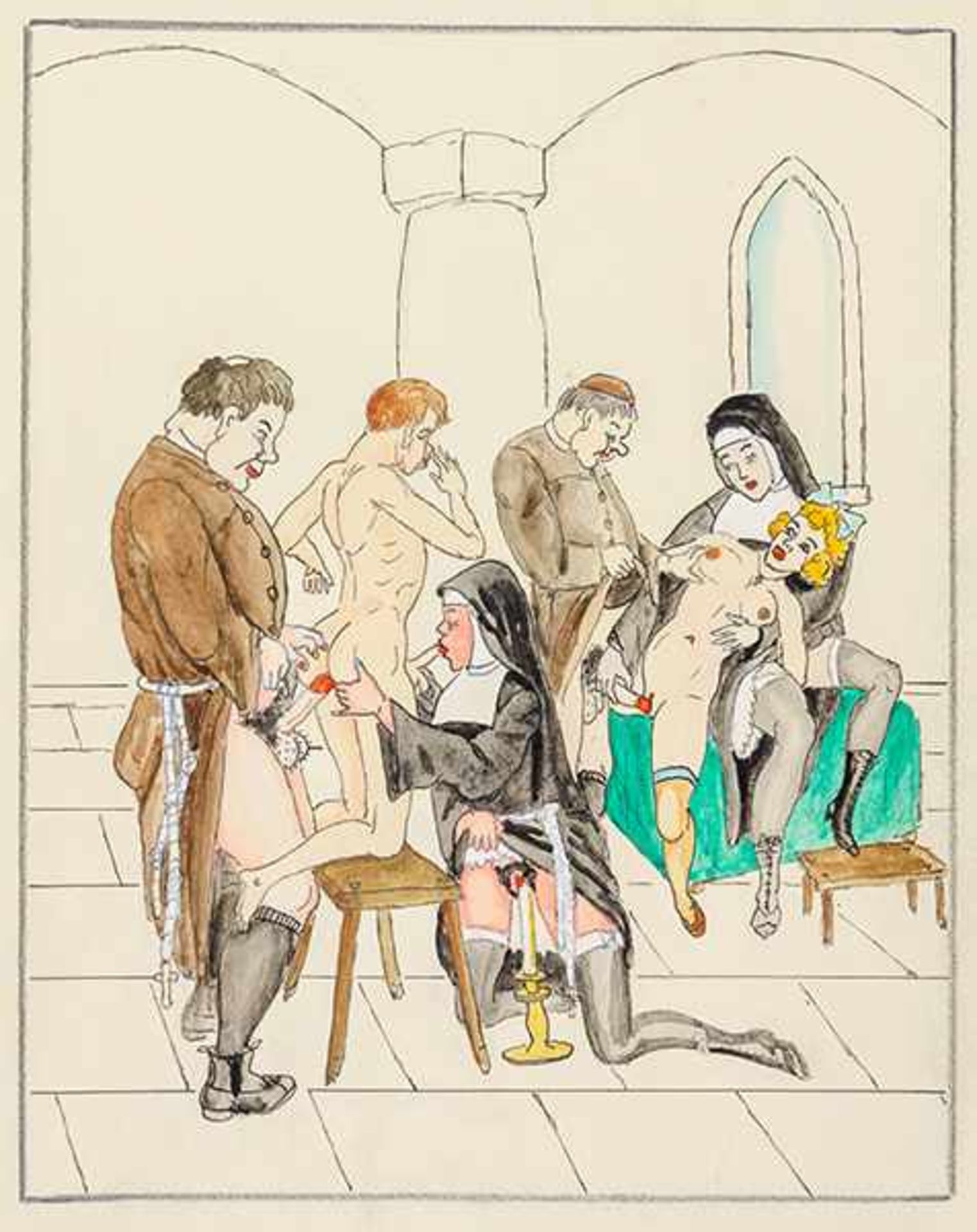 Sammlung von 30 erotischen Original-Zeichnungen. Meist Aquarell über Tusche auf Papier. Wien, 1930er