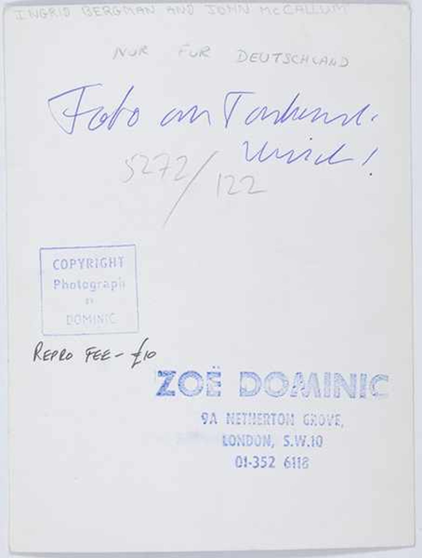 Dominic, Zoe. Ingrid Bergman und John McCallum. Original-Photographie. Vintage. Silbergelatine. - Bild 2 aus 2