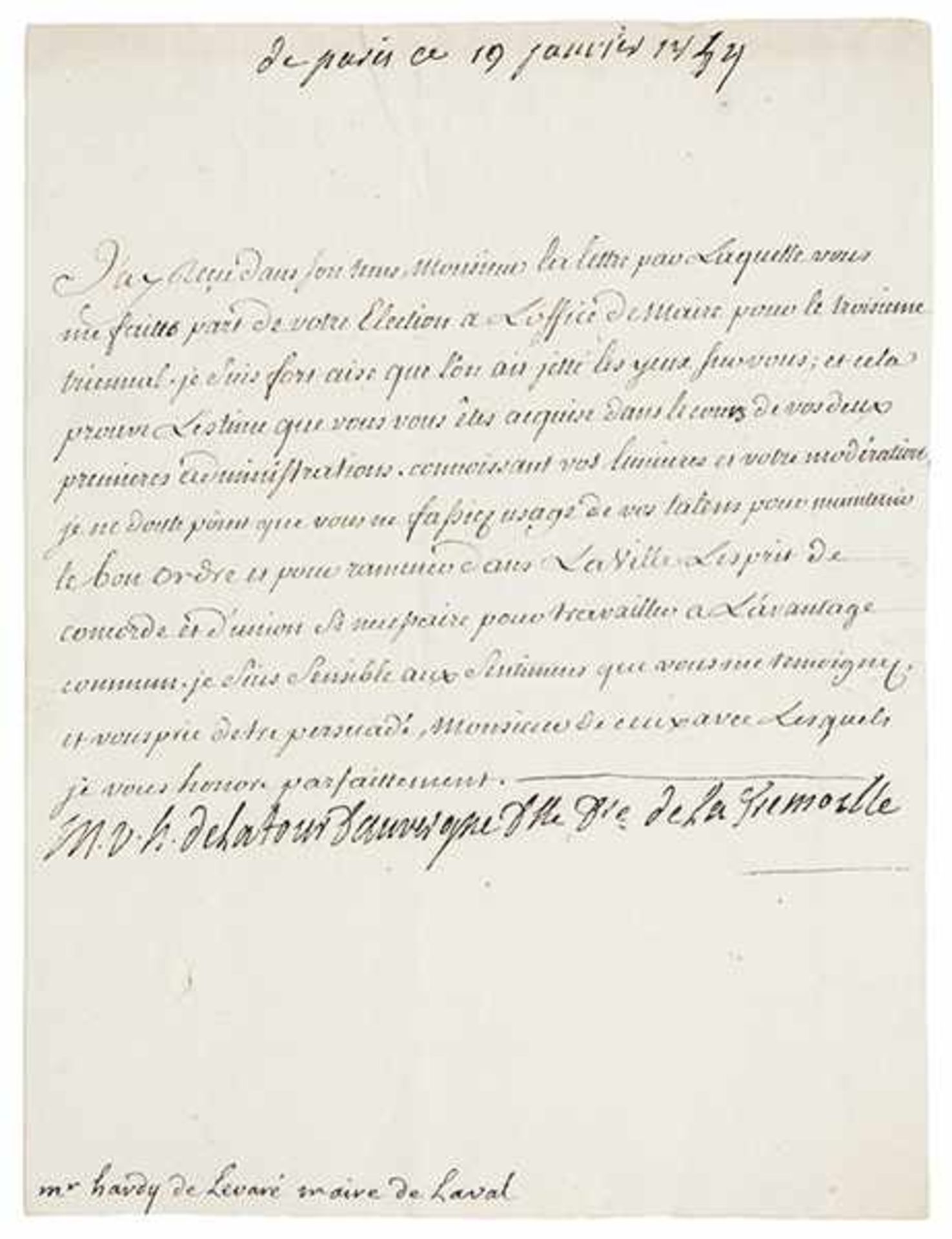 Tour d'Auvergne, Théophile Malo Corret de la. Eigenhändiger unterschriebener Brief, adressiert an