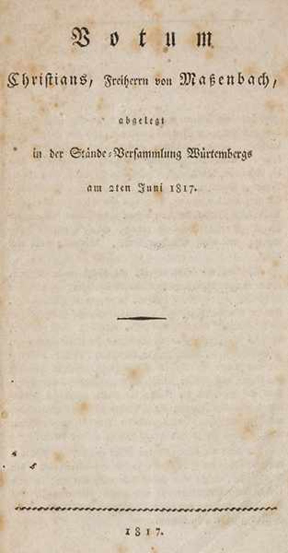 Staatswissenschaft - - Massenbach, Christian Karl August Ludwig von. Votum Christians, Freiherrn von