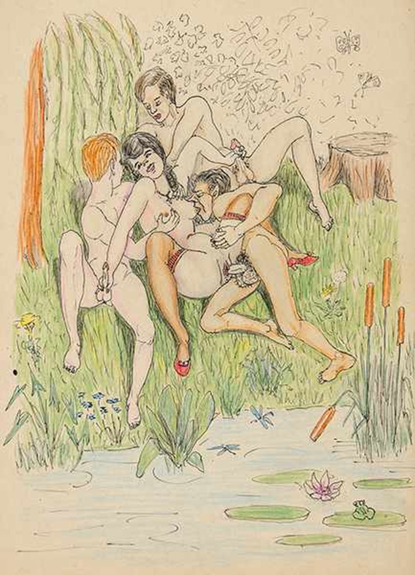 Sammlung von 30 erotischen Original-Zeichnungen. Meist Aquarell über Tusche auf Papier. Wien, 1930er - Bild 4 aus 5