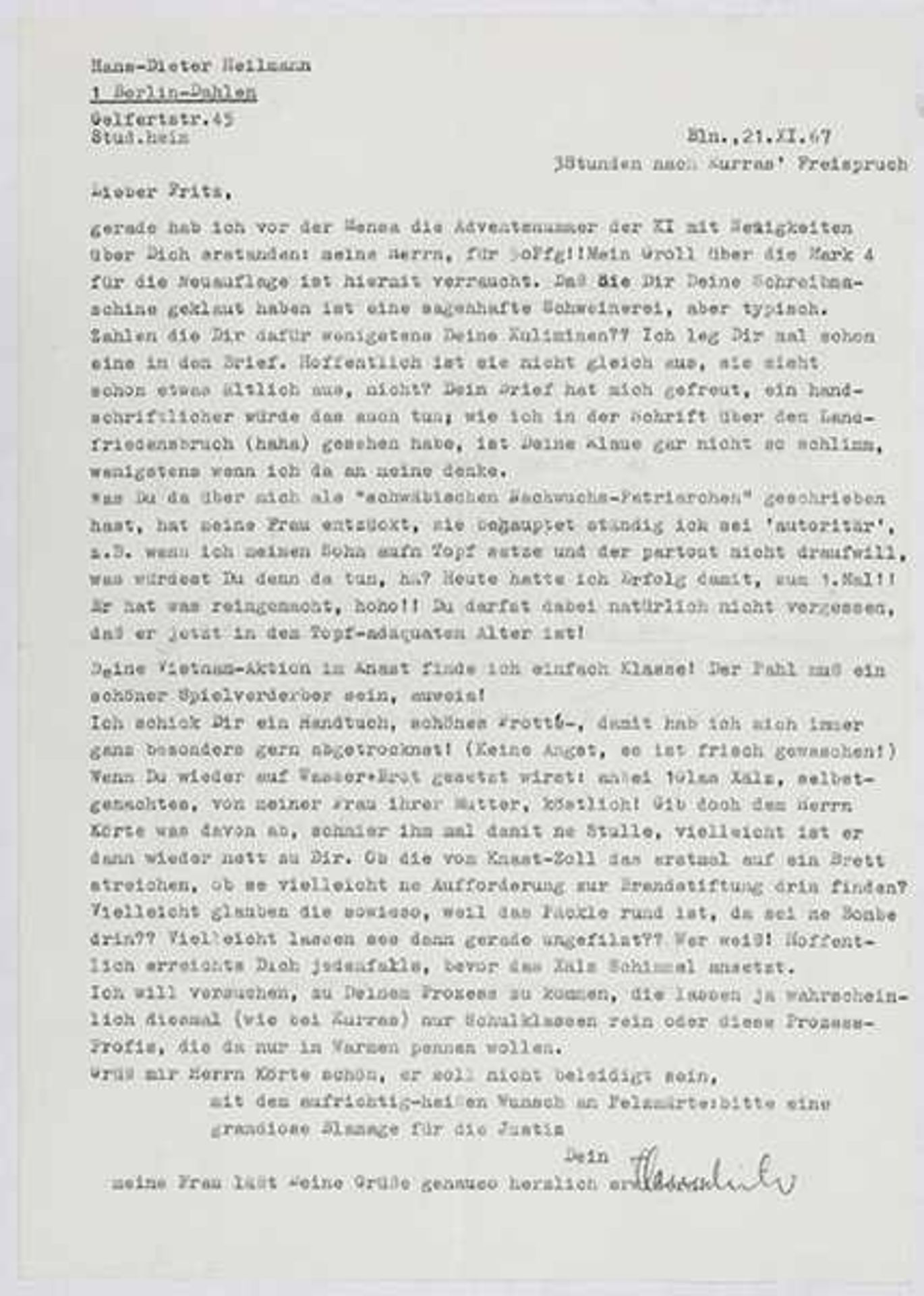 APO und Gegenkultur - - Teufel, Fritz. Kurzer Briefwechsel zwischen Fritz Teufel und H.D. - Bild 2 aus 3