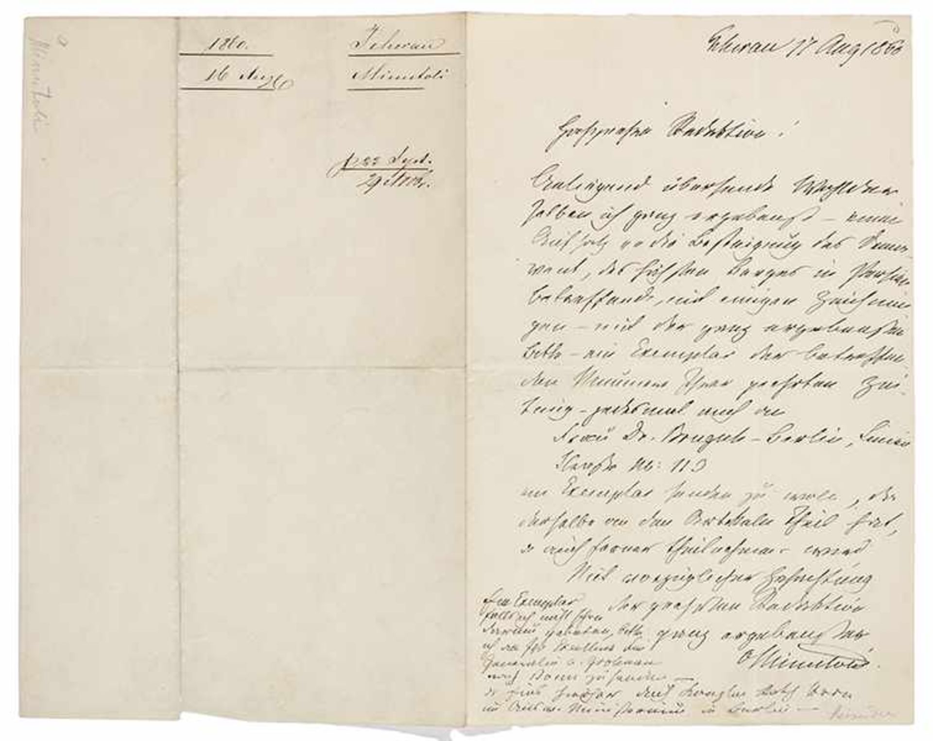 Minutoli, Julius von. Eigenhändiger Brief mit Unterschrift. Teheran, 17. August 1860. 22,5 x 14,3