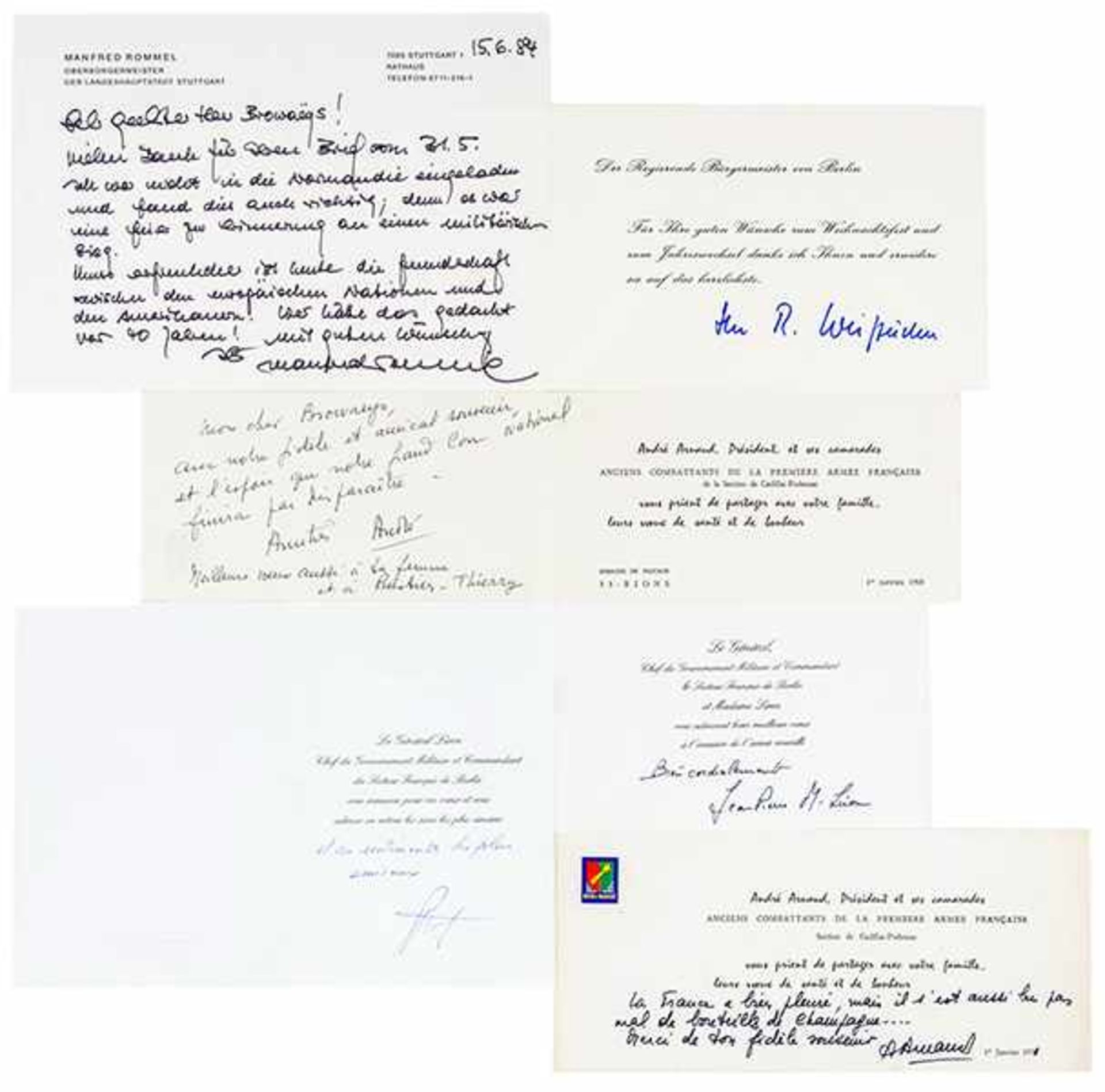 Sammlung von 7 signierten Autographen an Jean Browaeys, Veteran der 1. Französischen Armee und