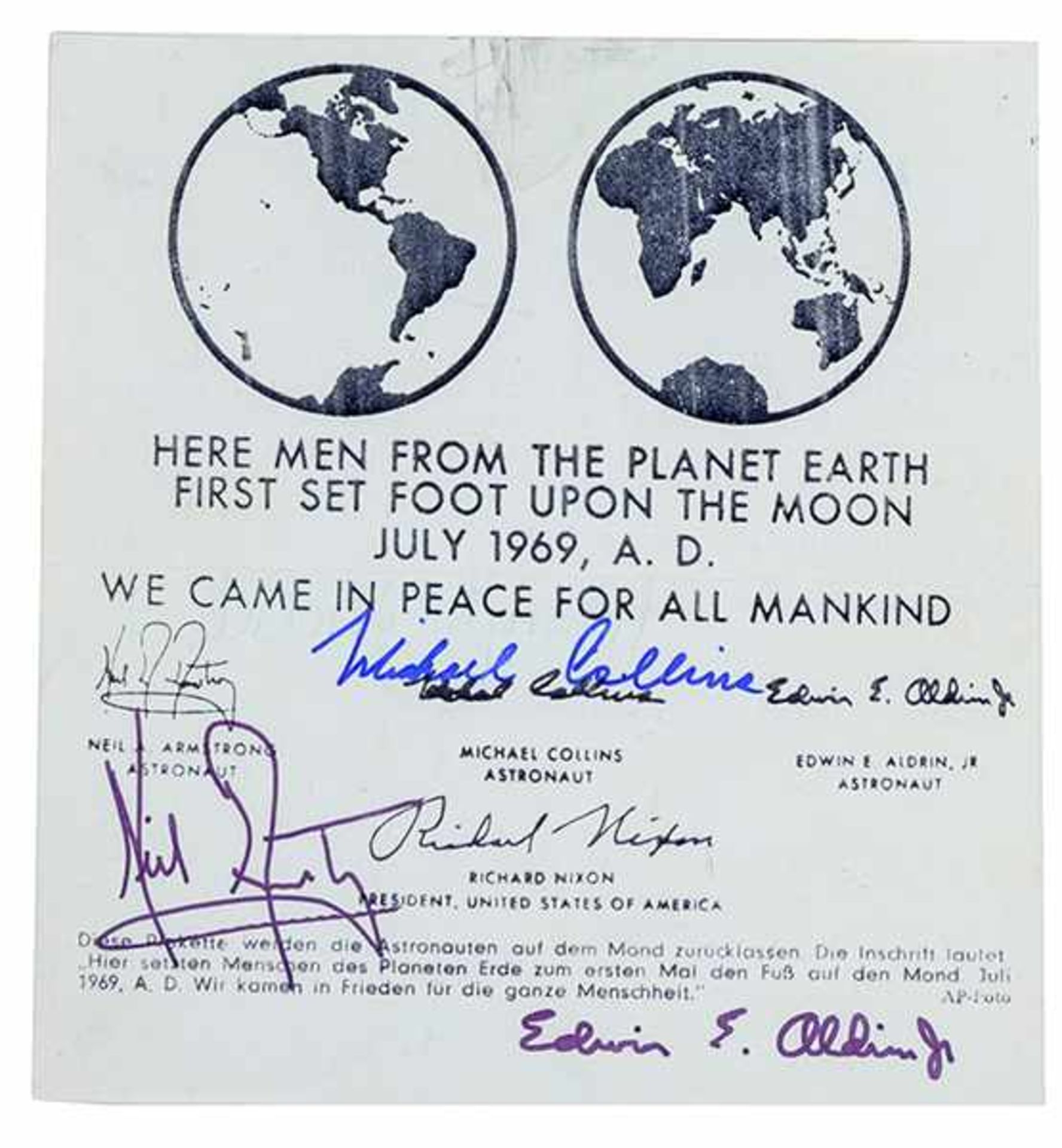 Apollo 11 - - Sammlung von Apollo 11 Memorabilia. Eigenhändige Unterschriften von Neil Armstrong, - Bild 2 aus 7