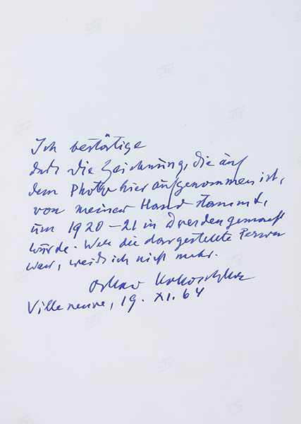 Kokoschka, Oskar. Eigenhändige Authentizitätsbestätigung einer Zeichnung des Künstlers auf der