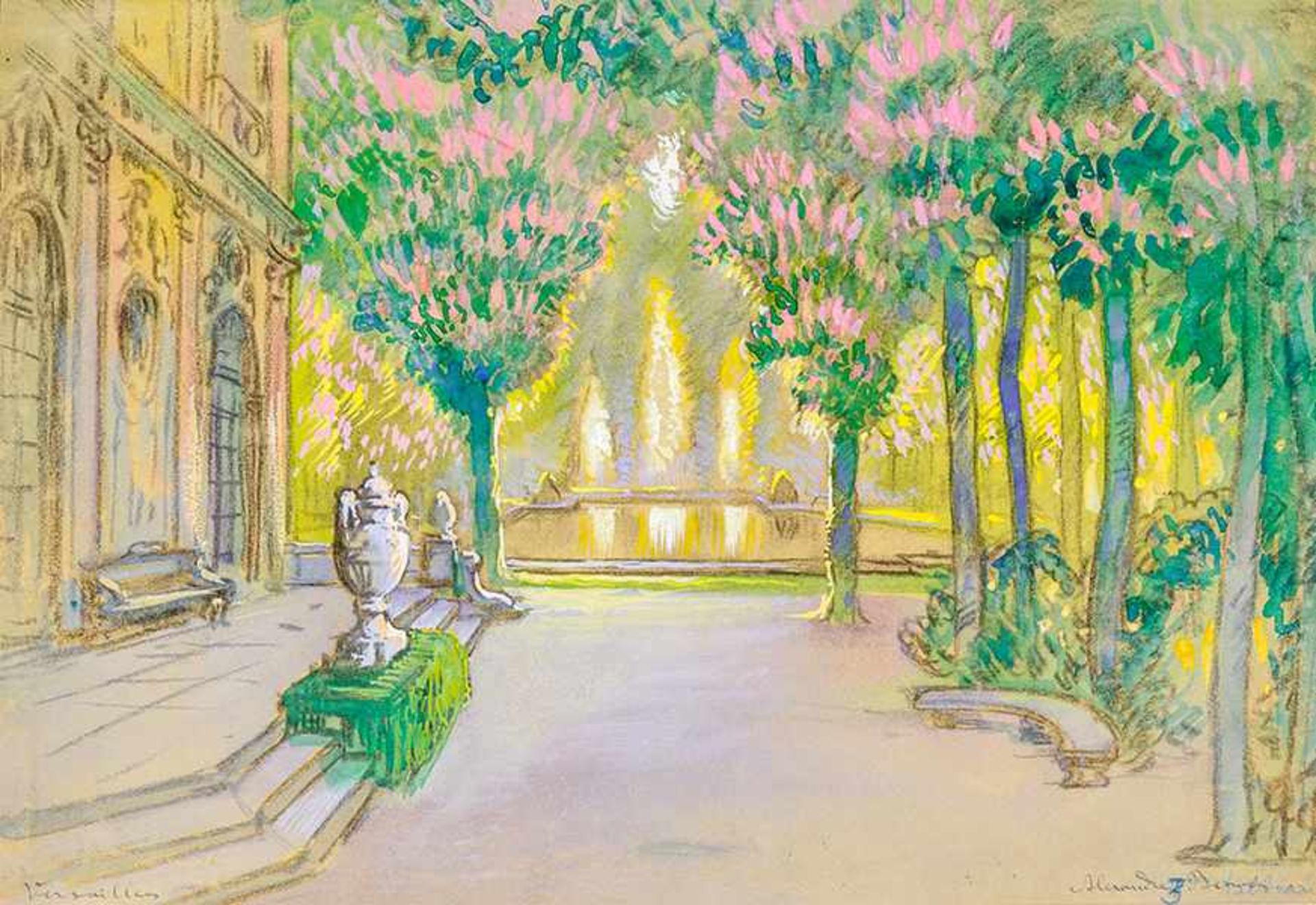 Benois, Alexandre (Benua, Aleksandr N.). Versailles (Entwurf für ein Bühnenbild). Gouache, weiß