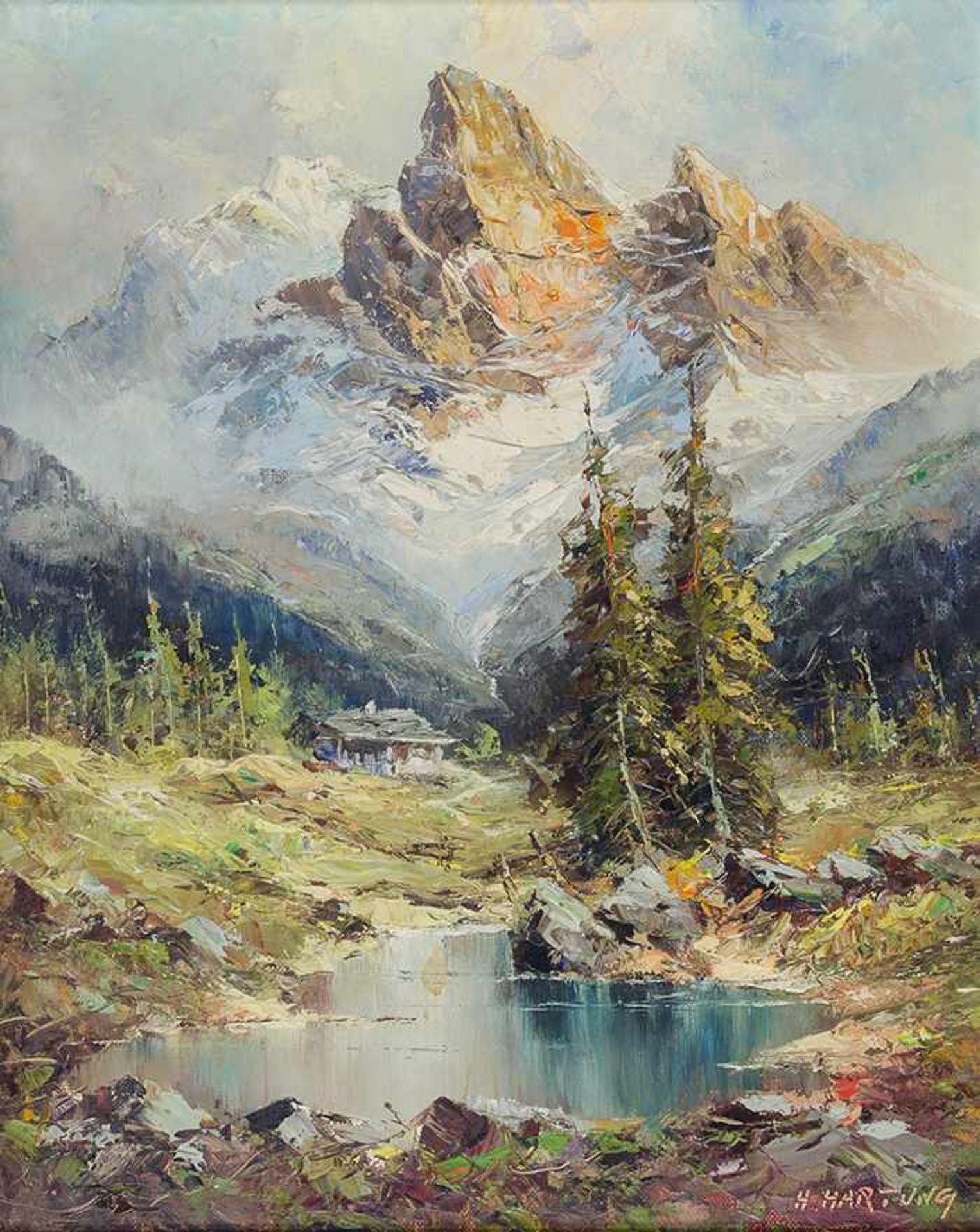 Hartung, Heinrich. Berghütte mit See vor Gebirge in den Dolomiten. Öl auf Pappe. Rechts unt