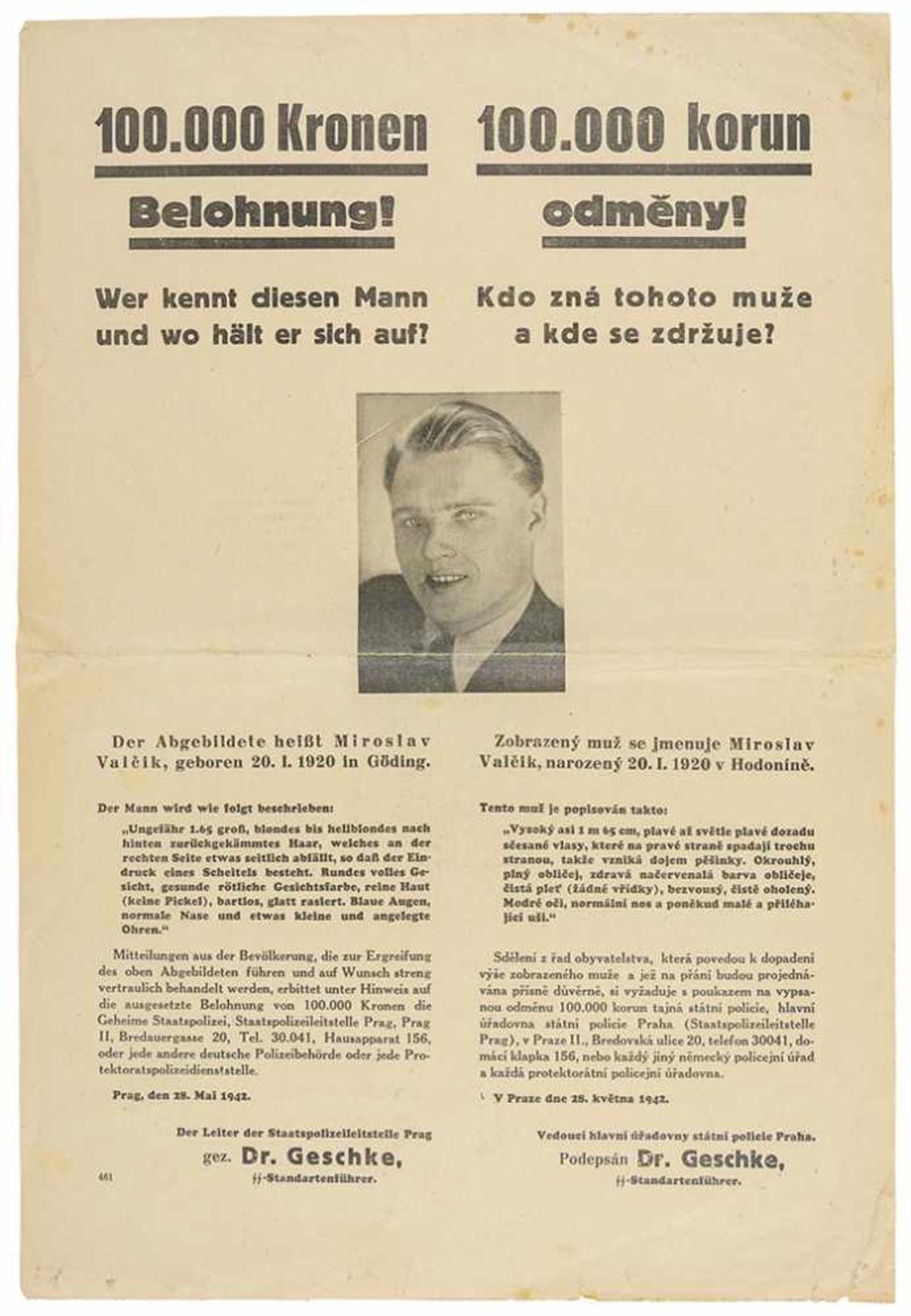 Nationalsozialismus - - Fahndungsplakat von Miroslav Valcik (das ist: Josef Valcik). P