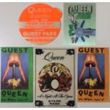 QUEEN STAGE PASSES. Five assorted backstage/guest passes for Queen concerts circa 1980s.