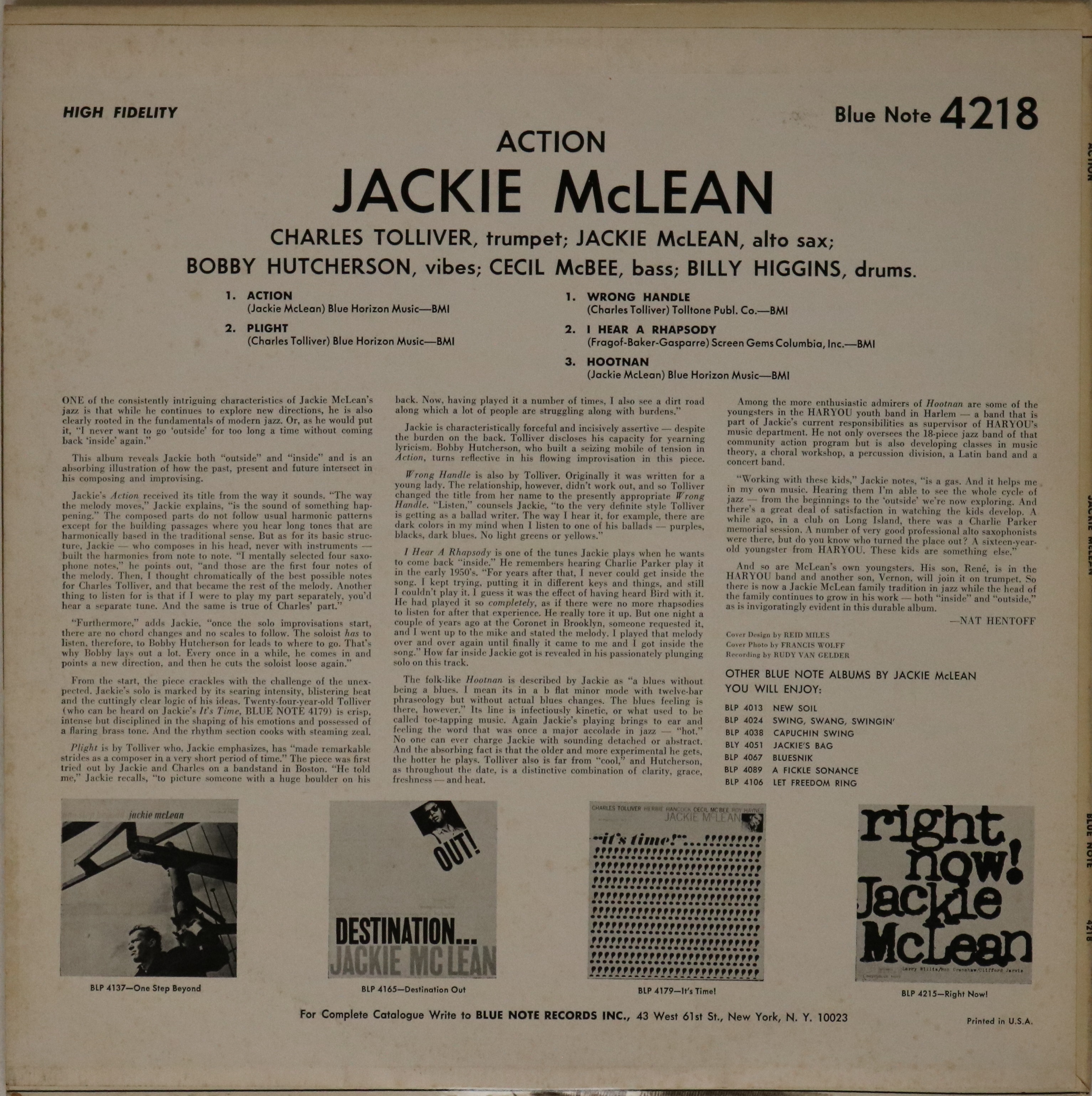 JACKIE MCLEAN - ACTION LP (BLUE NOTE BLP 4218 - ORIGINAL US PRESSING). - Image 2 of 4