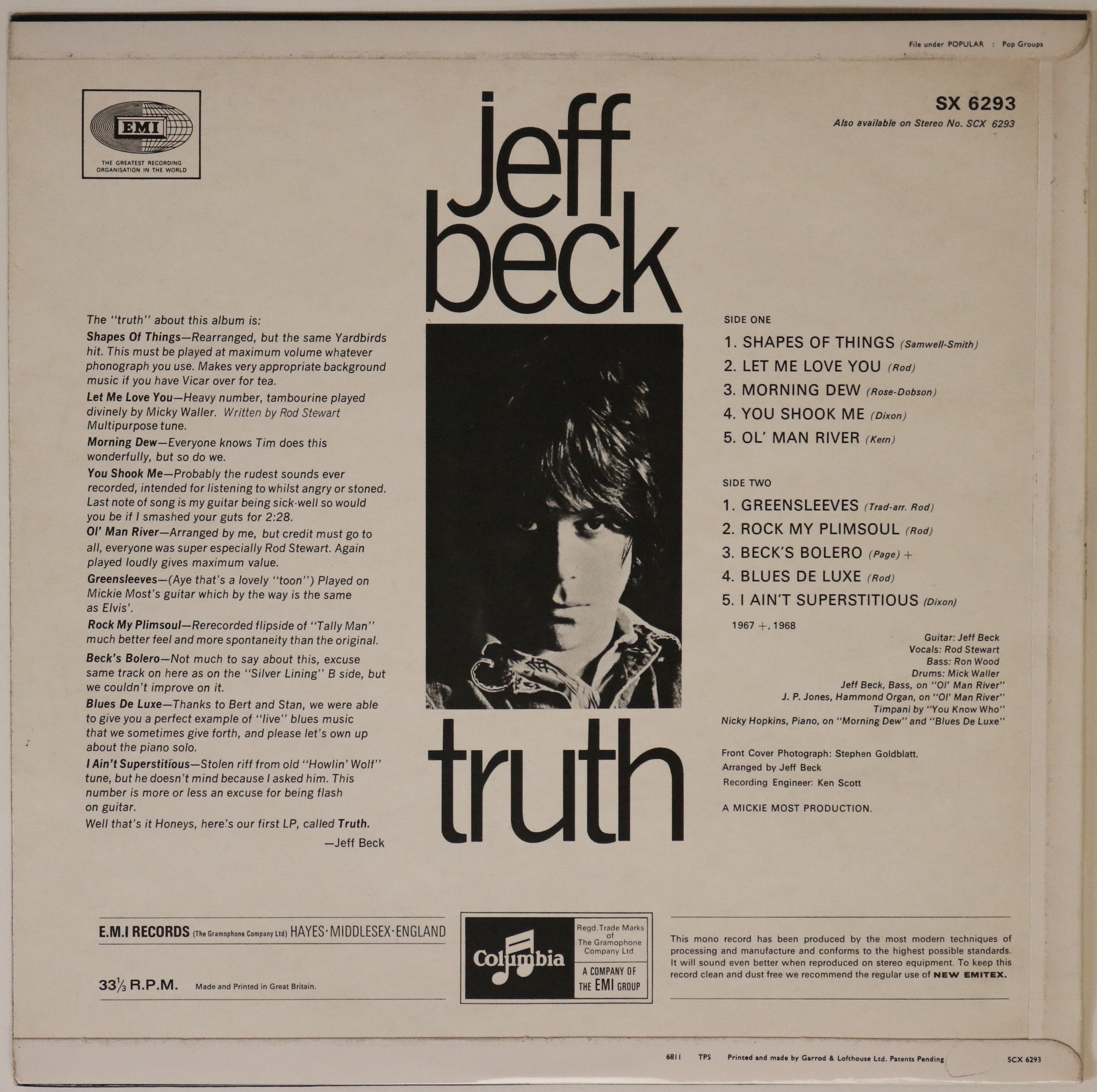 JEFF BECK - TRUTH LP - ORIGINAL UK MONO PRESSING (COLUMBIA - SX 6293). - Image 2 of 6