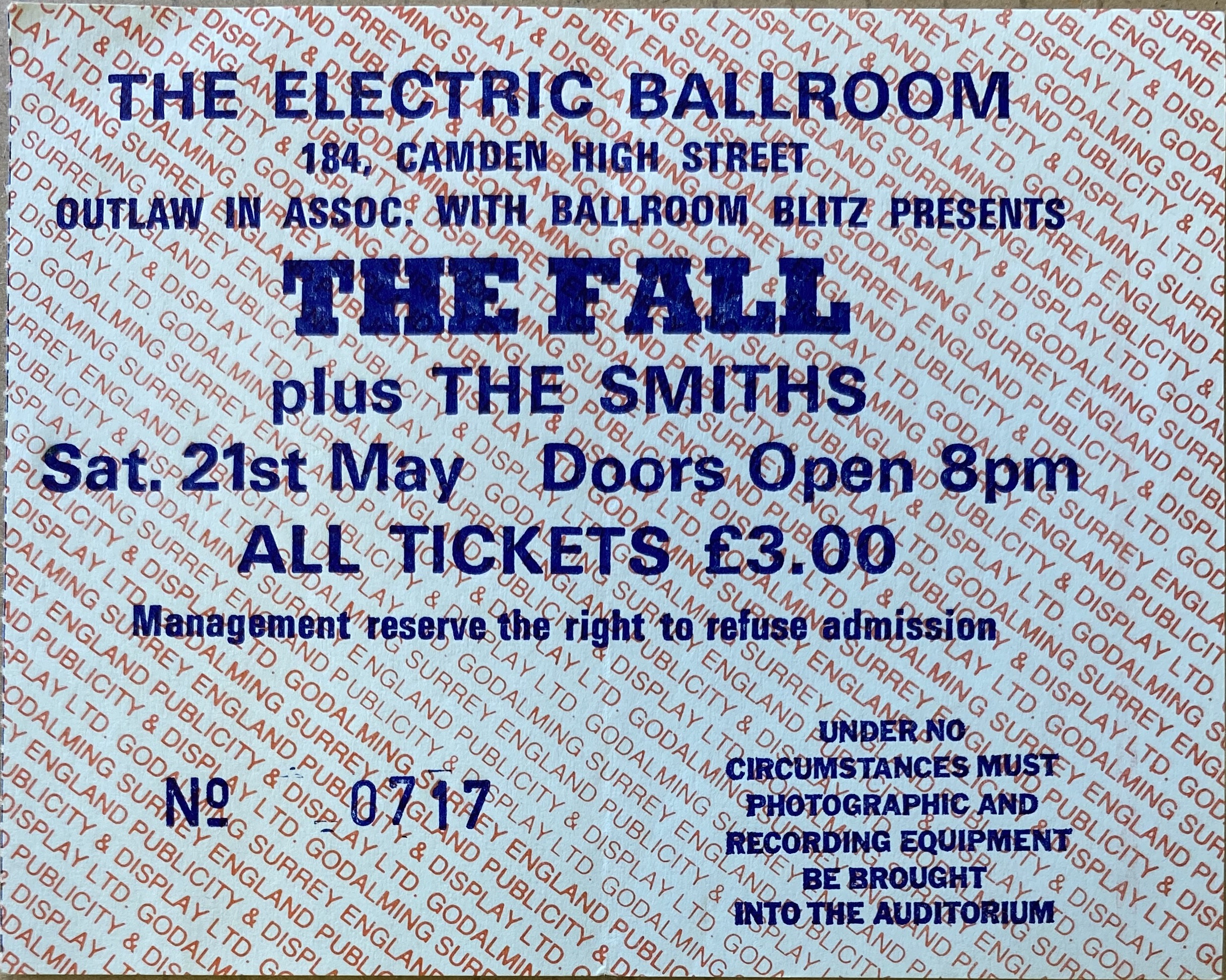 THE SMITHS/THE FALL ELECTRIC BALLROOM TICKET.