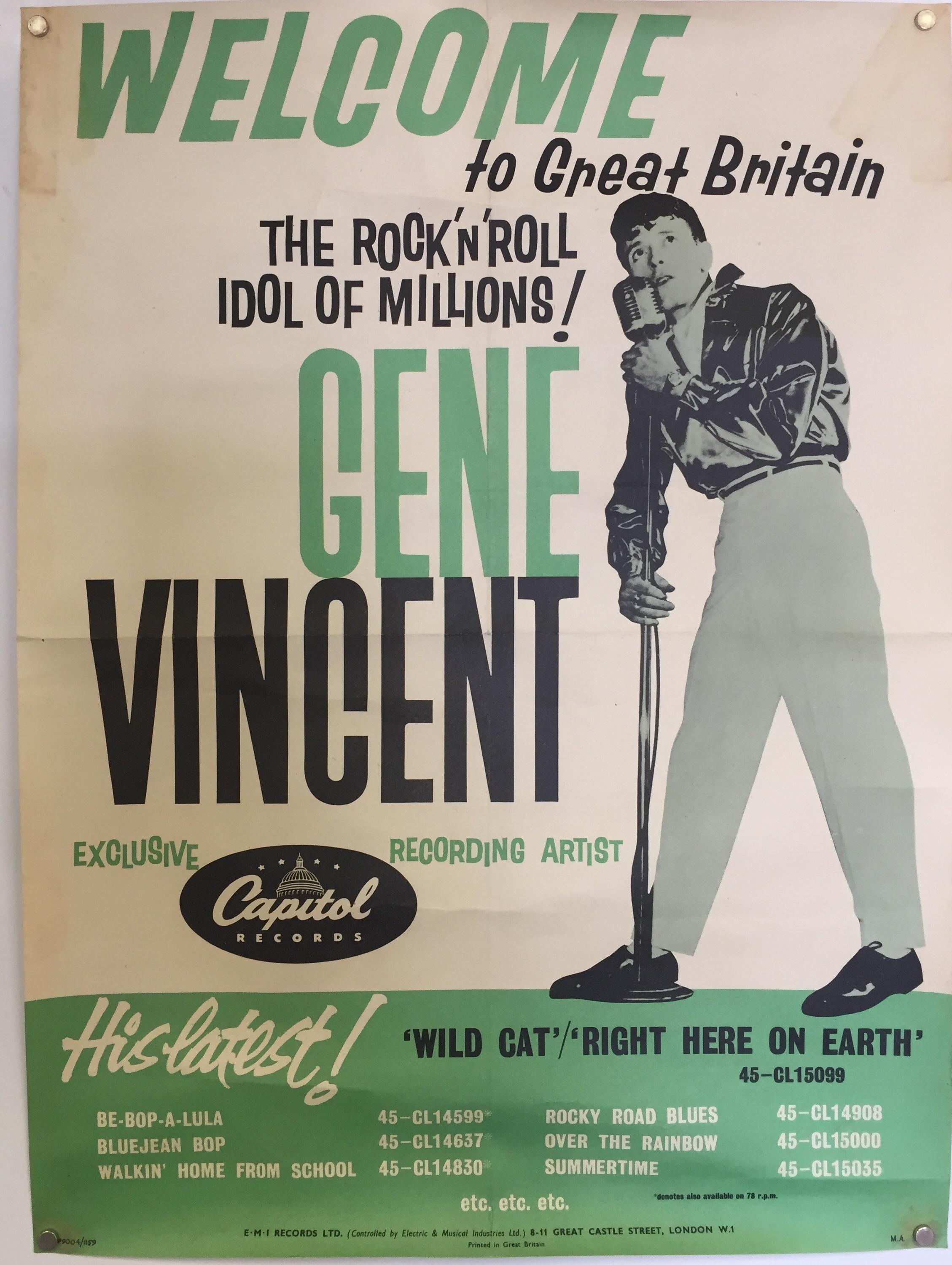 GENE VINCENT WELCOME TO GREAT BRITAIN 1959 POSTER.