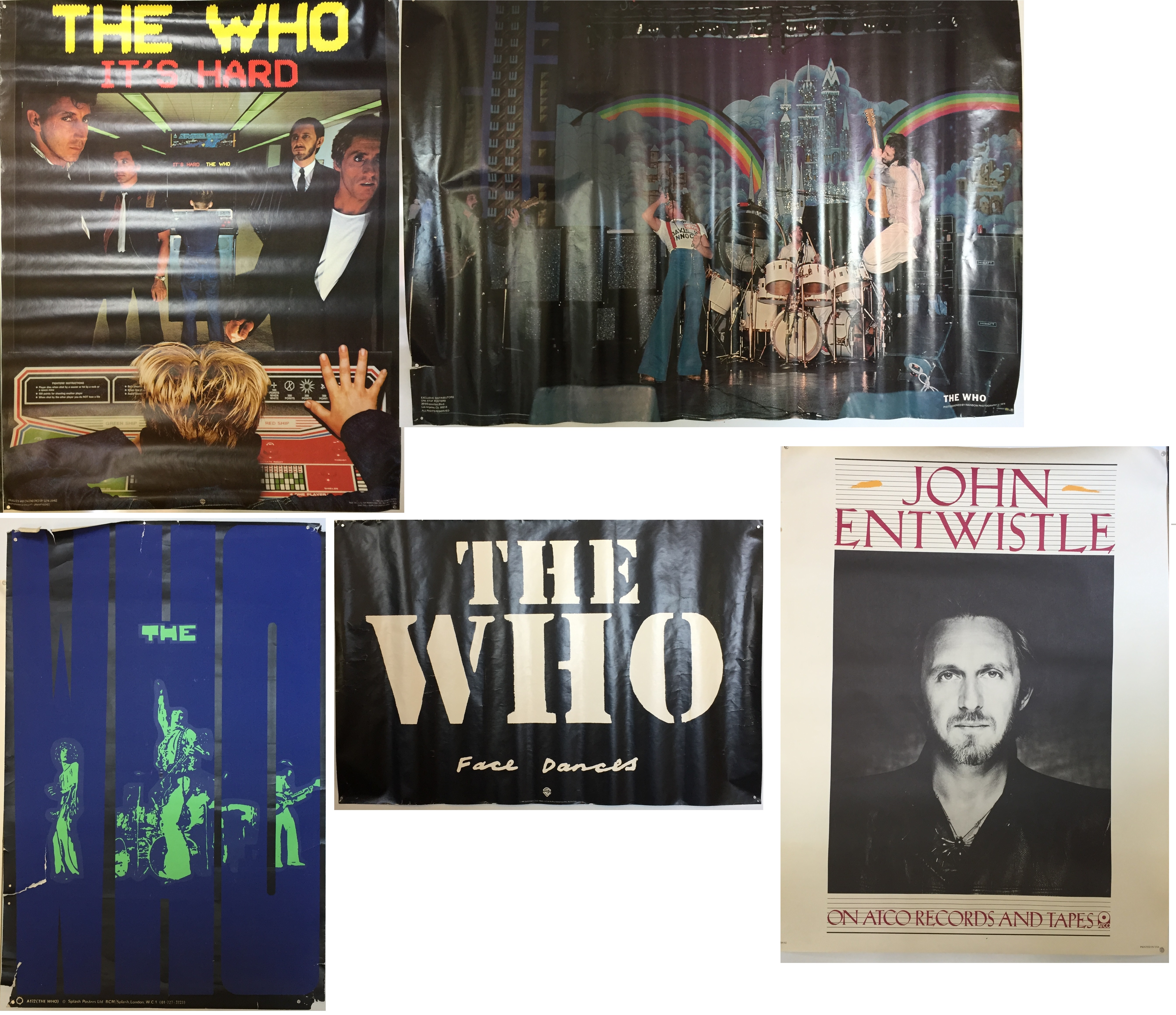 THE WHO POSTERS. Five posters to include: Who Face Dances Black Banner (24 x 16"), It's Hard (25.