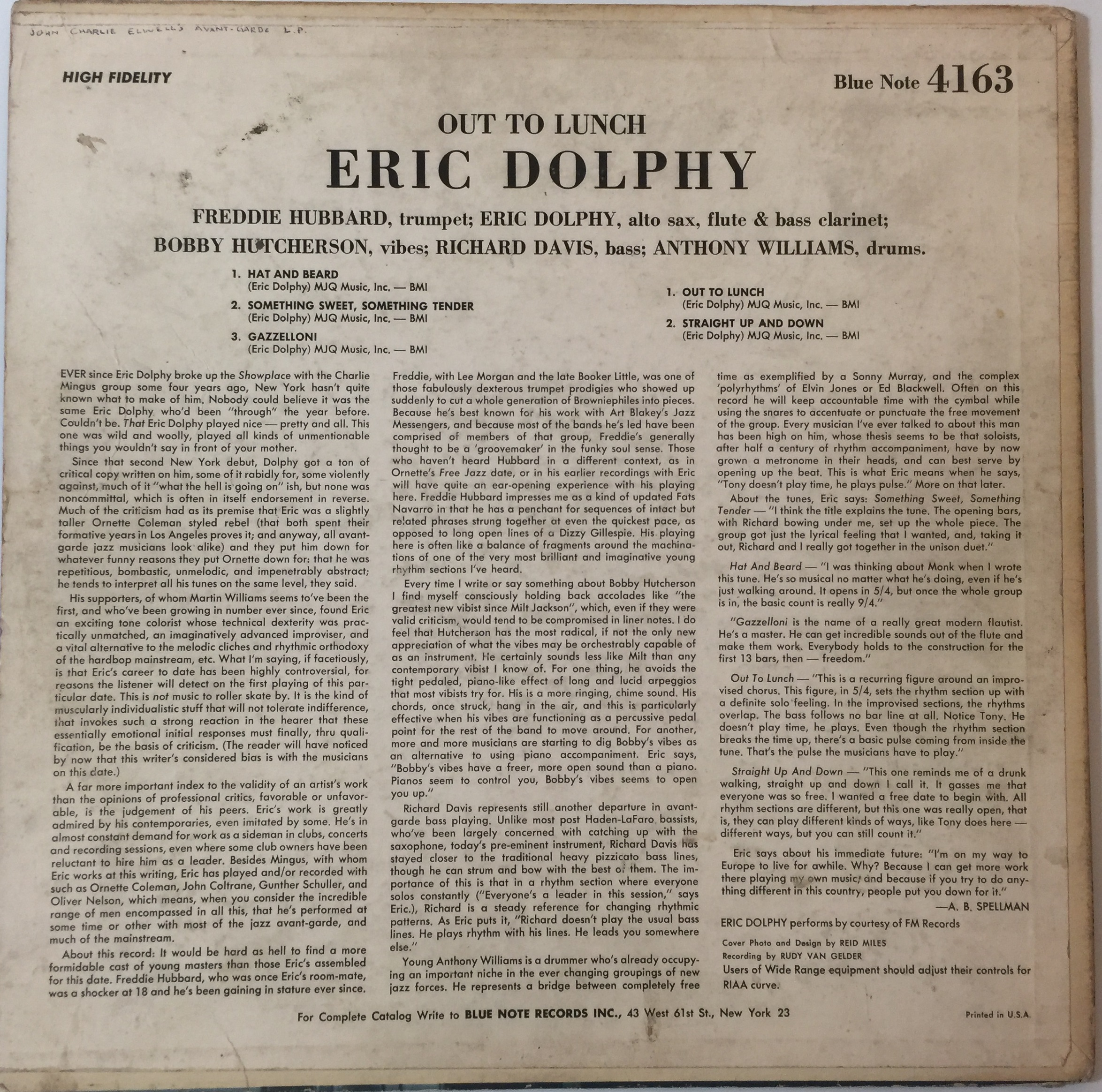 ERIC DOLPHY - OUT TO LUNCH! LP (US ORIGINAL BLUE NOTE - BLP 4163). - Image 2 of 4