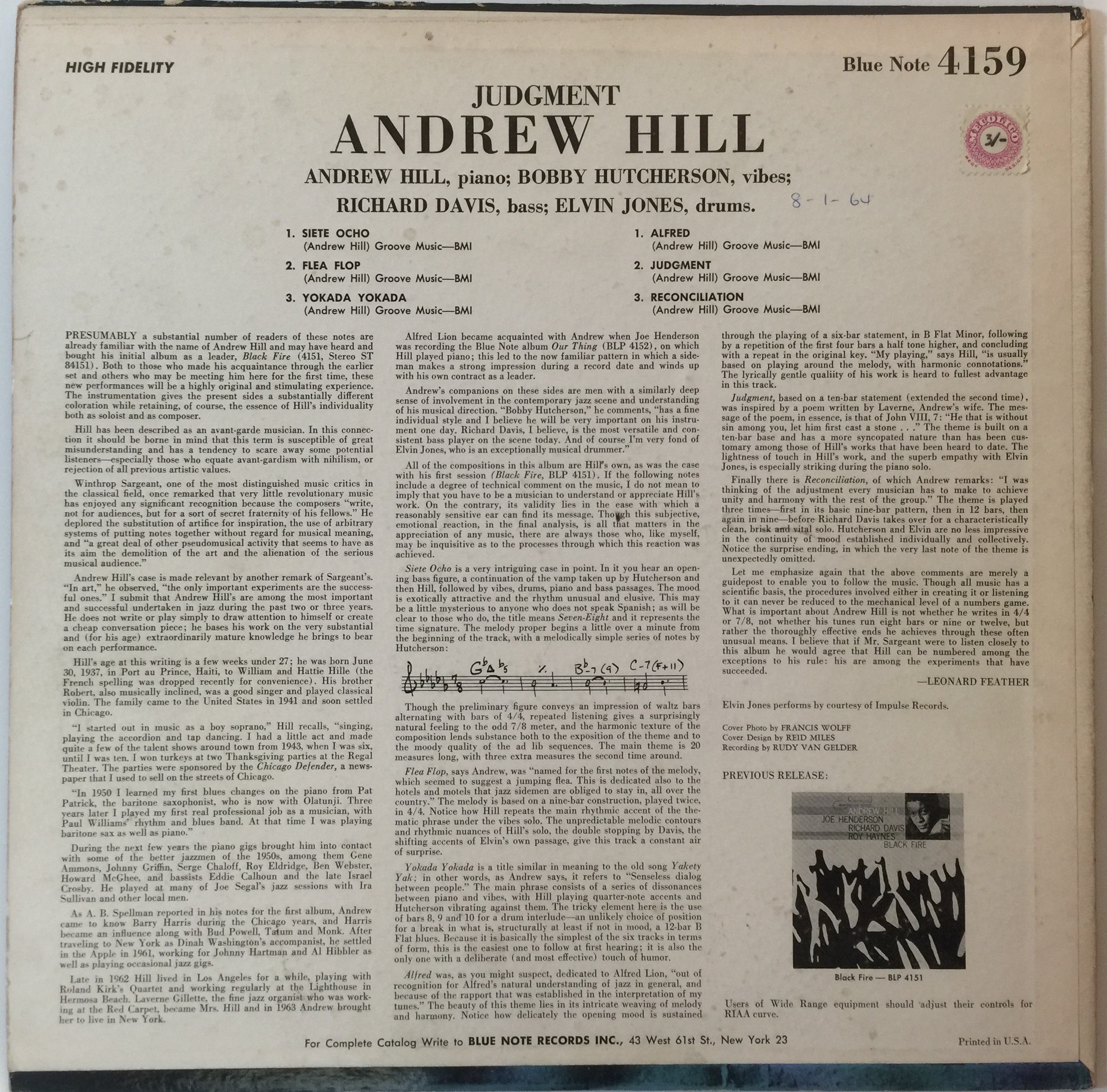 ANDREW HILL - JUDGMENT LP (BLUE NOTE ORIGINAL US PRESSING - BLP 4159). - Image 2 of 4