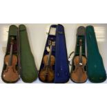 VIOLINS. Collection of 8 violins in various states of repair. 7 with cases.