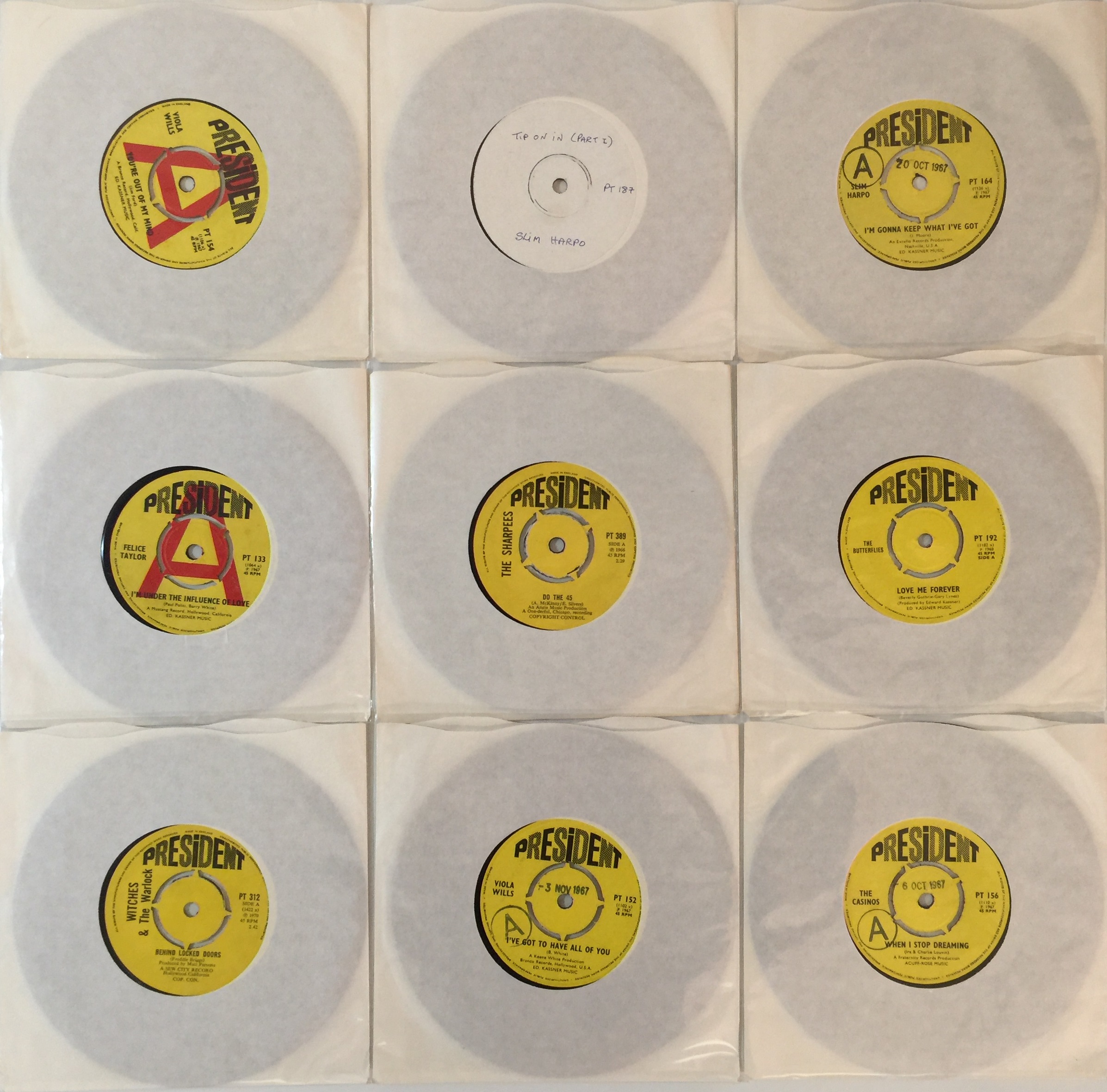 PRESIDENT RECORDS - 7" COLLECTION INC SLIM HARPO TEST PRESS.