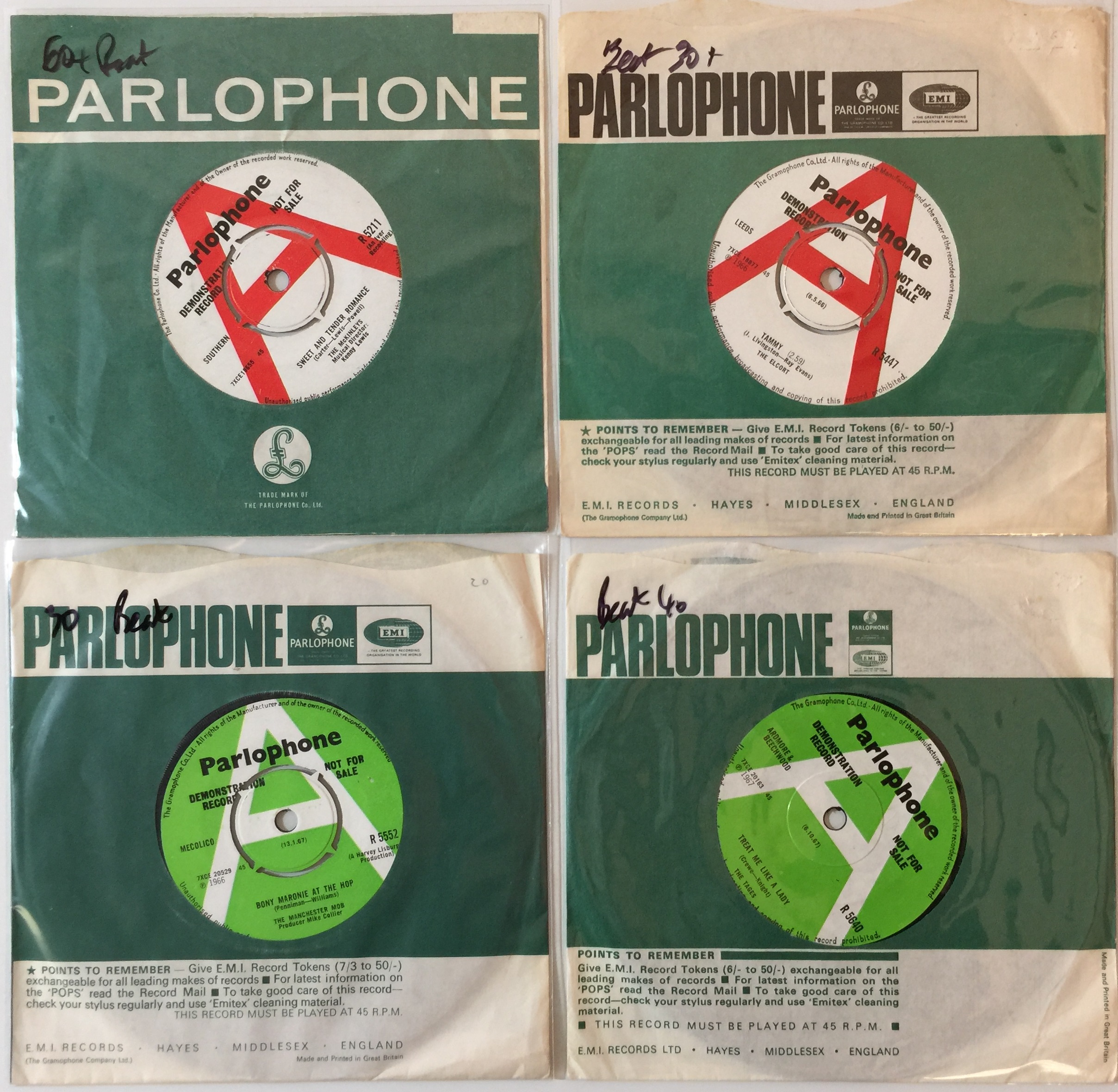 PARLOPHONE 7" COLLECTION - 60s BEAT DEMOS. Wicked selection of 4 x original UK Parlophone 7" demos.