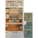 THE KINKS AND THE YARDBIRDS 1965 HANDBILL AND TICKET STUBS