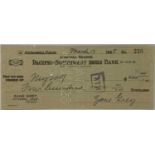 ZANE GREY SIGNED CHEQUE