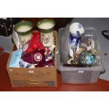 Two boxes of miscellaneous to include pair of large vases, glass scent bottles, Rotary style