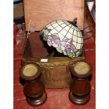 A brass log box, two turned mahogany candle stands and a Tiffany style table lamp.