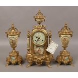 A gilt metal Sevres style clock garniture, housing an 8 day movement striking on a bell.