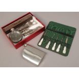 A collection of mainly metalwares, hip flasks, nut cracker, vintage spirit level and a cased