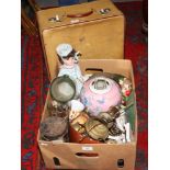 A box of miscellaneous and revelation case to include metalwares, lemonade jug, decorative vase etc.