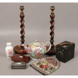 Assorted collectables to include a pair of wooden candlesticks, Royal Winton teapot, beaded bag, box
