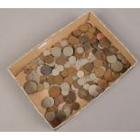 A box of English pre decimal and decimal silver and copper coins.