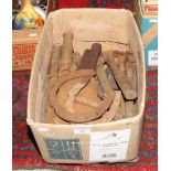 A box of vintage hand tools to include horse shoes.