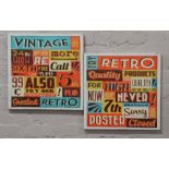 Two decorative box canvases printed with vintage style advertising signs.