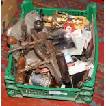 A box of mixed metalwares to include vintage Stanley No. 46 combination plow plane.