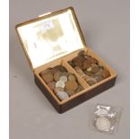 A tin of British pre-decimal and World coins to include Georgian wheel penny, Maltese 1757 4 Tari,