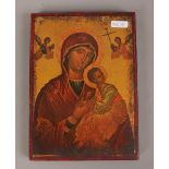 A wooden orthodox icon wall plaque depicting Virgin Mother and Child, possibly Russian.