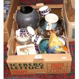 A box of assorted crockery including Carltonware cheese dish, rooster teapot, iridescent glass