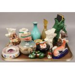 A tray lot of collectable ceramics to include Poole, Dartmouth, Art Deco decanter, Belleek, Wade